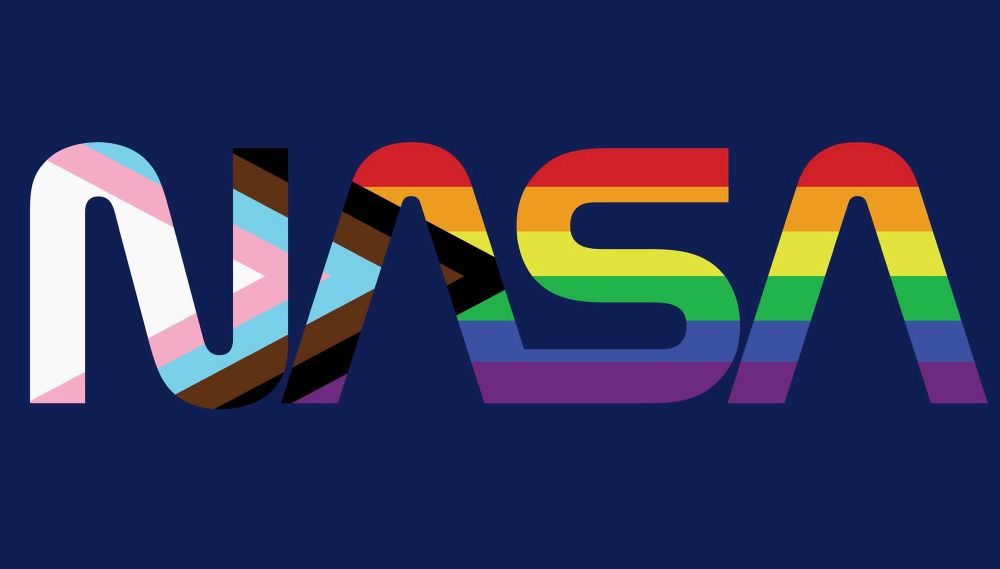 The image features the NASA Worm logo with a colorful design incorporating various pride flags, including rainbow and transgender flags, set against a dark blue background.
