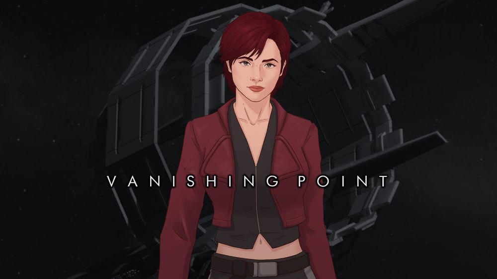 Art of the sojourn character Liz Ancelet in front of a drift gate. Text reads vanishing point. 