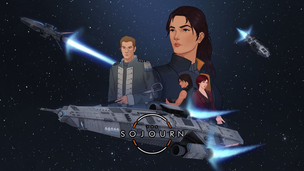 The Season Two Volume Two cover of The Sojourn Audio Drama. A ship is in the foreground, with two other ships in the background. In the center are three women and a man. 