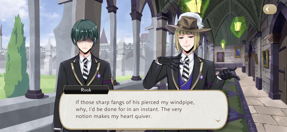 Screencap of Rook from twisted wonderland “If those sharp fangs of his pierced my windpipe, why, l'd be done for in an instant. The very notion makes my heart quiver.”