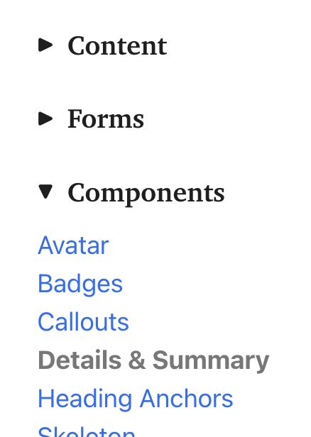 A details/summary component with an arrowhead before the text. It points to the text when closed, and points down when open.