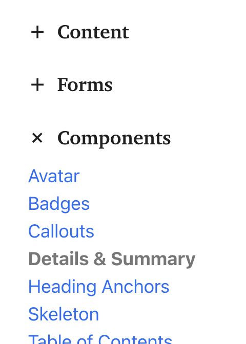 A details/summary component with icons before the text. There's a + symbol when the component is closed, and an X icon when it's open.