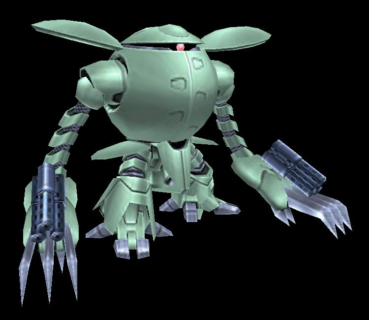 a chunky lowpoly model of the kapool, a stubby little mobile suit with a spherical body and long, wiggly arms that end in heavy claws. it's cute!