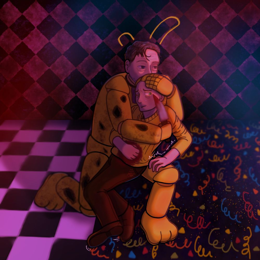 William Afton from the FNAF movie in the Spring Bonnie suit holds Vanessa’s head loosely while staring off blankly, knife near her face. Vanessa is in pain holding her stomach stab wound while shedding a tear, staring at the knife in apprehension while she struggles to hold herself up using William’s leg