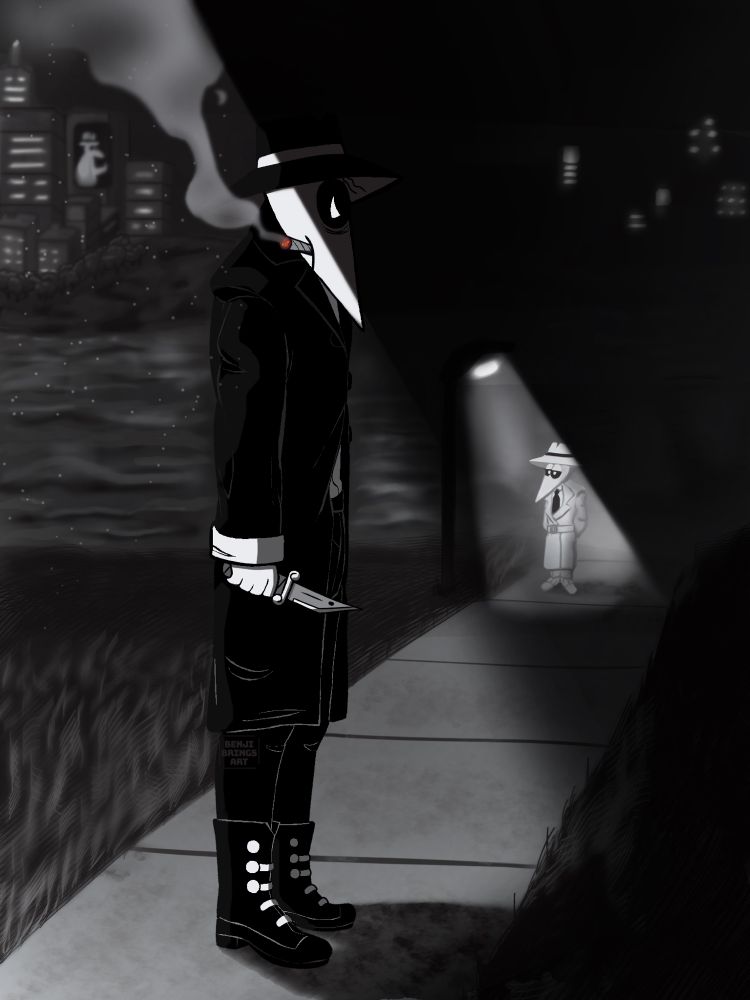 Black Spy stands under the streetlight with a dagger and a cigarette, glaring towards the viewer. White Spy is in the background under another streetlight. Behind them is a river with cities in the background