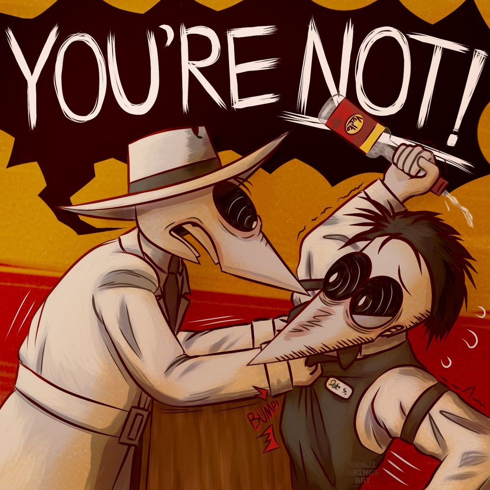 An enraged White Spy grabs Black Spy (who is wearing a bartender uniform) by their suit vest and yanks them forward against the bar counter. He yells “YOU’RE NOT” while Black fearfully raises a vodka bottle about to hit him