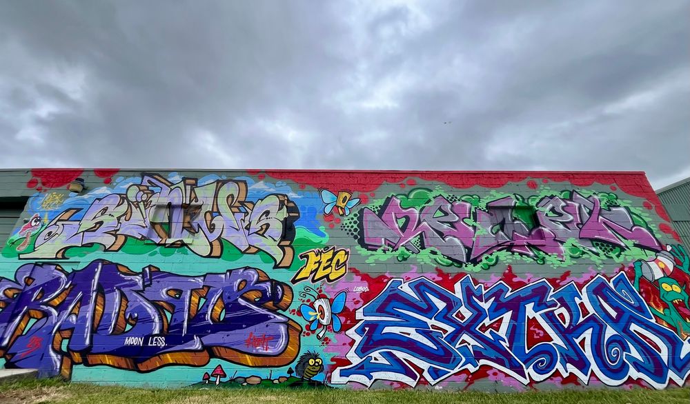 Graffiti on the side of a building in an industrial area adjacent to Lindenwood, Norfolk Virginia