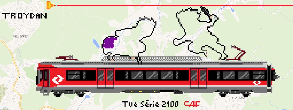 Desenho pixel art do Wplace de dois ninjas do Naruto lutando em cima de um trem da CPTM