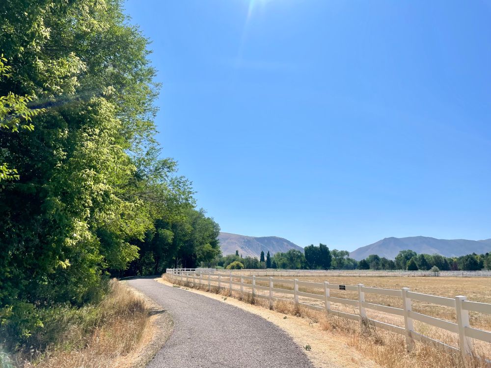 White fence running along a paved path, with dry pastures and a mountain range in the distance.