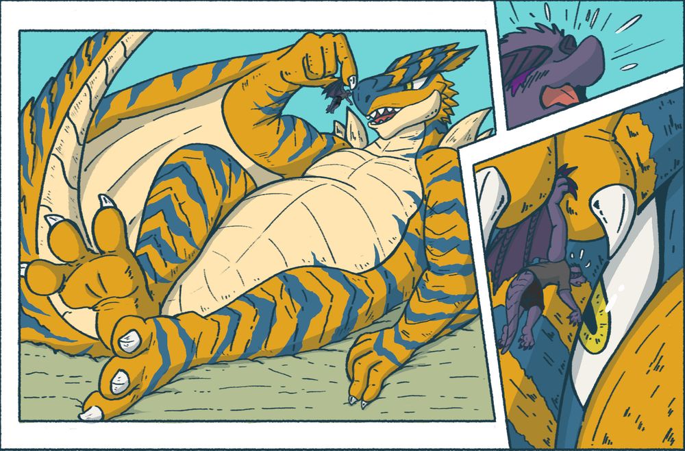 A tigrex pinching up a relatively miniscule Gore Magala, bringing it to their eyes. The Gore Magala is flustered