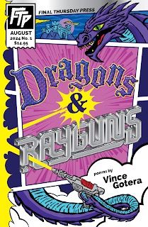 The book cover of poet Vince Gotera's "Dragons & Rayguns" is designed in the form of a comic book cover, complete with a purple dragon holding a laser pistol in its tail!