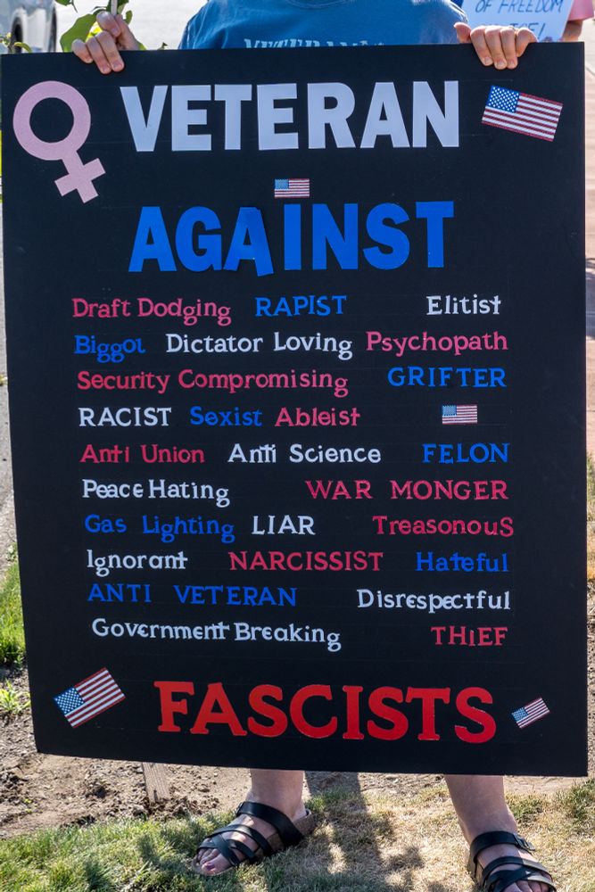 A sign held by a veteran that says, "Female Veteran against Fascists". 