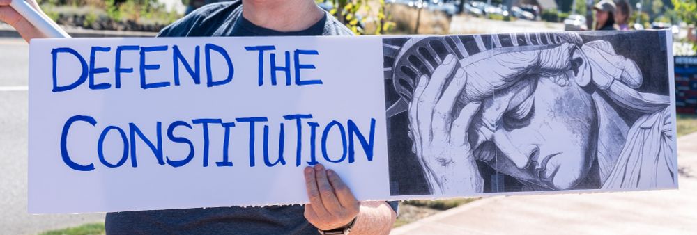A sign that reads 'Defend the Constitution' with the Statue of Liberty looking discouraged. 