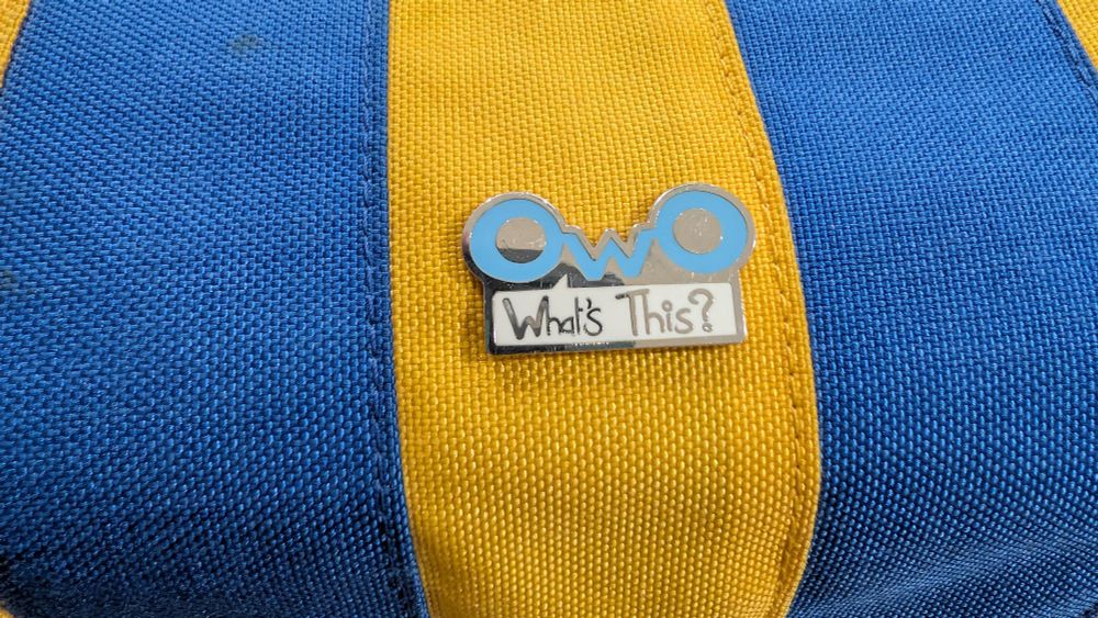 An enamel pin with a stylised 'OWO' in the shape of a face, and the caption "what's this?" 