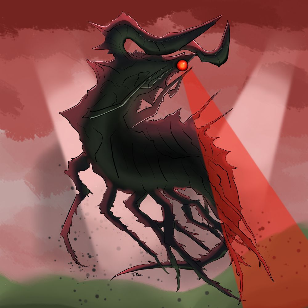 A krill (Dark Dragon) from Sky Cotl. The sky is red over the sand of the Golden Wasteland (hinting that Eden shards fell in the area). The lighting is more intense as the red of the sky and green from the sand subtly reflect along the Krill's body. The eye of the Krill is red as the light seems to be locked on to a light creature. 