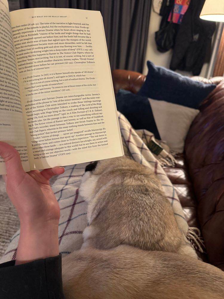 I am holding up (as if to read) an open book in one hand. Beyond that, I have my legs stretched out on the couch. Two pugs are on my lap