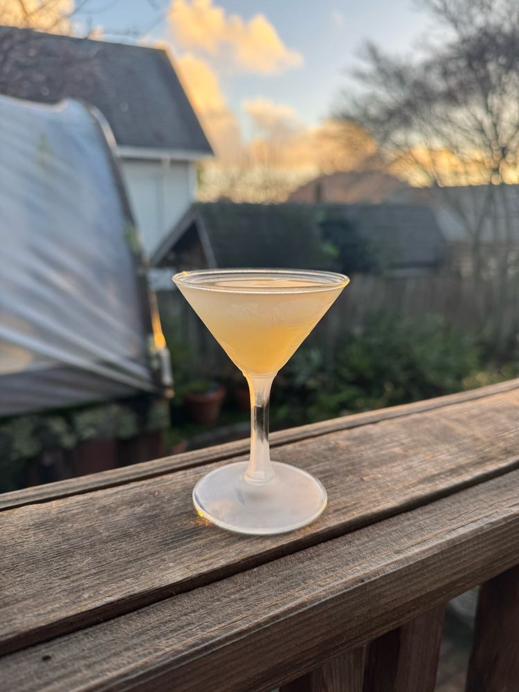 A small martini glass filled with a golden liquid sitting on a wooden railing. You can see houses, a backyard, and golden sunset clouds blurred in the background 