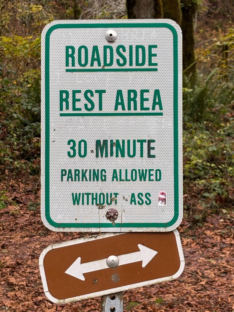 Sign reading “Roadside rest area, 30 minute parking allowed without ass”