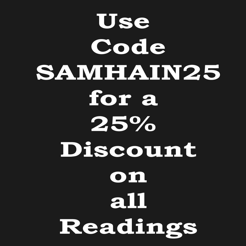 a graphic that says use code SAMHAIN25 for a 25% discount on all readings