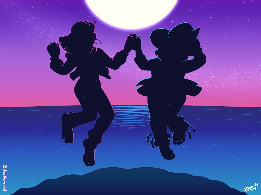Illustration featuring two young women silhouetted by the full moon above them, leaping off of a cliff in front of a starry purple sky and into the deep blue ocean water below. Characters are Hazel Woods (left) and Liv Mareluna (right) from my webcomic, 7Eves. Hazel is jumping with both arms outstretch, her jacket billowing open. Liv is holding onto her witch hat tightly. Both girls are joined by the hand in the center of the image. They are both barefoot, and rim-lit with neon colors; Hazel's lighting is pink, and Liv's is cyan.