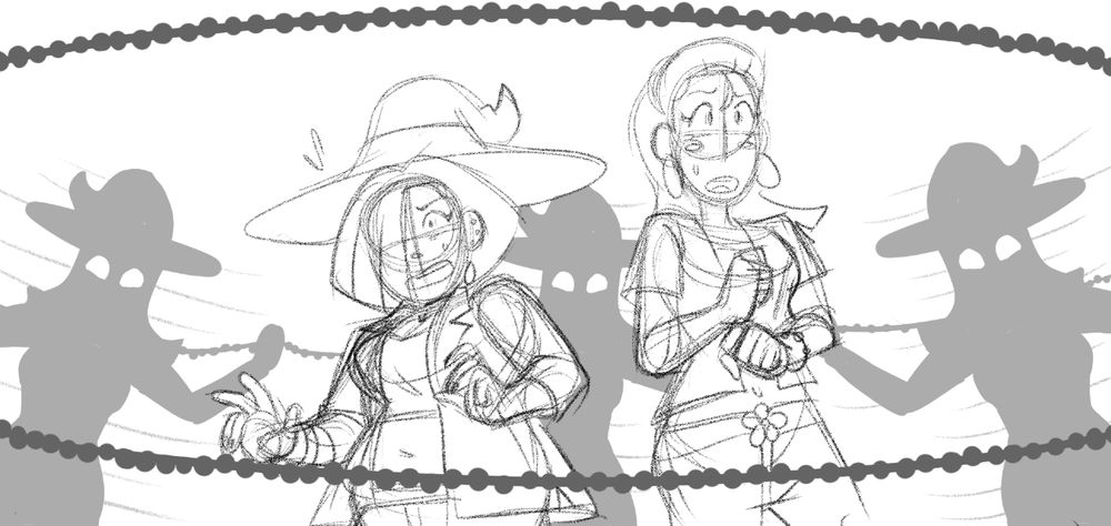 Sketch depicting two young women seen from the hips up, being corralled toward one another back-to-back by a series of identical witch-like silhouettes wielding a long string of beads, which encircle the two girls on all sides. Characters are Liv Mareluna (left) and Hazel Woods (right) from my webcomic, 7Eves. Liv is short and squat, wearing a witch's hat and an open jacket over a tank top. She has a goth aesthetic, with chin-length hair and bangs covering the right half of her face, multiple ear piercings and a studded choker on her neck. Hazel is tall and slim, wearing a short sleeve shirt and skinny jeans held up by a belt with a flowery belt buckle. She has shoulder-length hair held back by a hair band, rosy cheeks and hoop earrings. Both girls look very nervous and alarmed, with Liv looking exceptionally fearful, and Hazel looking more uncertain, pulling their arms in towards their sides as they realize they're trapped.