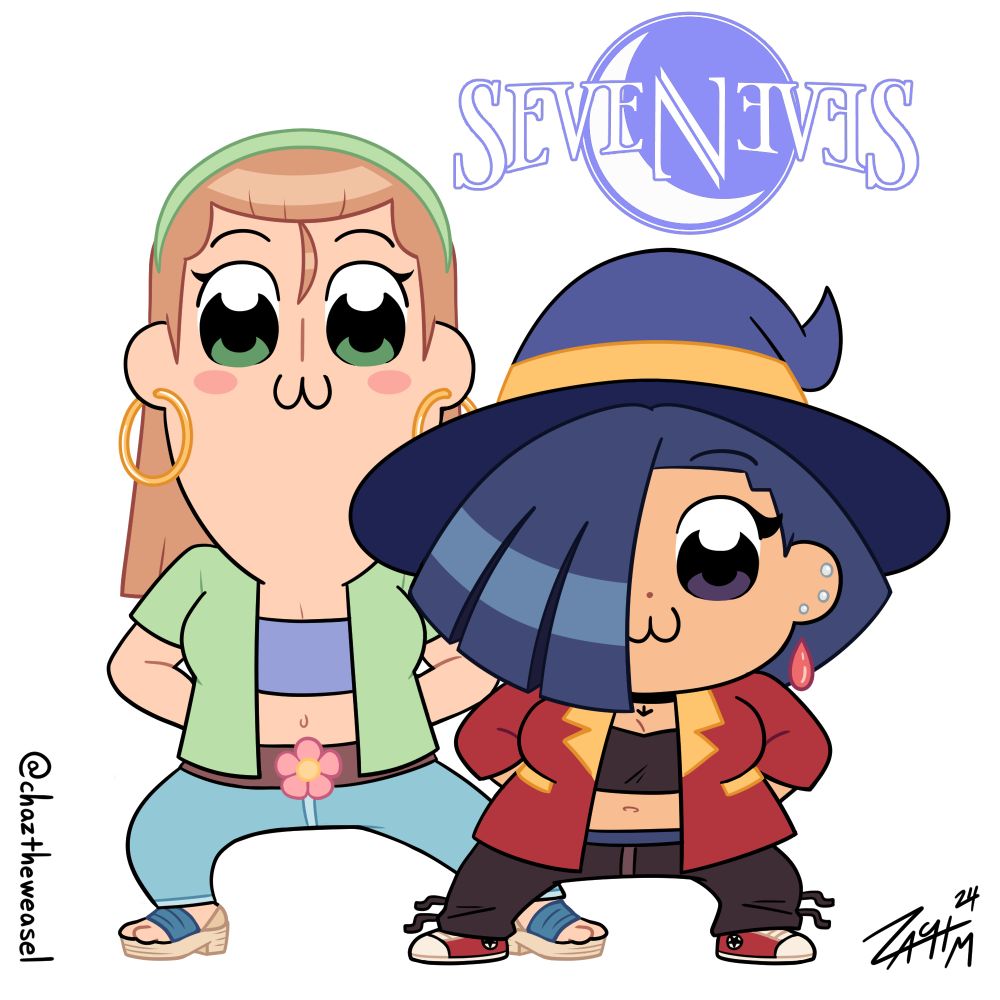 Stylized parody drawing of my original characters, Hazel Woods (left) and Liv Mareluna (right), from my upcoming webcomic, 7Eves. Both girls are drawn in the style of Pop Team Epic, with Hazel in the role of Pipimi and Liv in the role of Popuko.