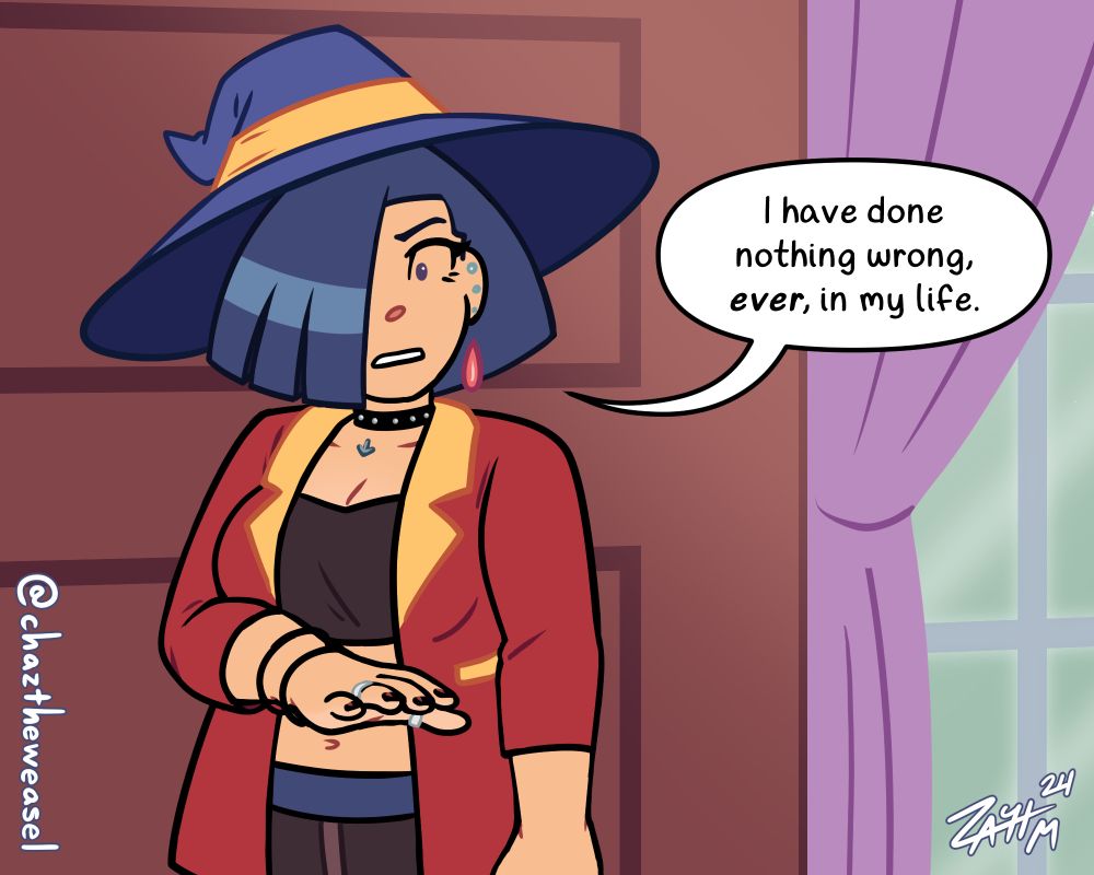Drawing of a young goth-styled woman wearing a red jacket and a purple witch hat standing next to a window and speaking very firmly, holding out her right hand as she does so. Character is Liv Mareluna, from my webcomic, 7Eves. Liv is parodying the scene from Parks & Recreation in which Mona Lisa lies to her father about her innocent nature. The speech bubble reads: I have done nothing wrong, ever, in my life.