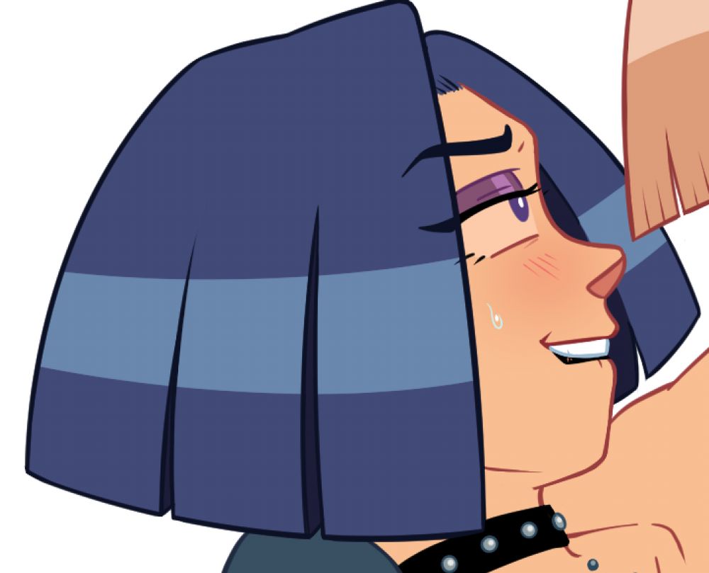 A far more recent image of Liv, which is decidedly cleaner than the previous image. She is angled backward, her bangs falling to her side and revealing the right half of her face. She now has purple eye shadow, and her eyes are purple as well. She wears black lipstick, and her choker now has metal studs. She looks up at someone off-screen with a blush on her face and a bead of sweat on her cheek, biting her lip evocatively as she grins.