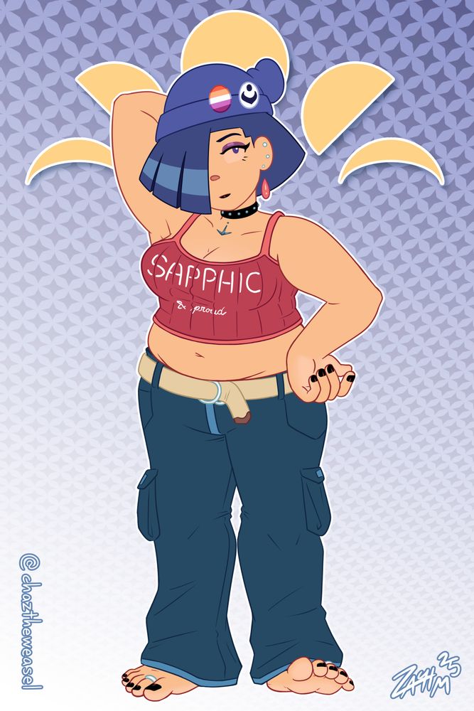 Digital illustration of a short young woman posed in front of a purple-to-white gradient background filled with four-pointed stars, with a small set of yellow moon phases hovering behind her. Character is Liv Mareluna from my webcomic, 7Eves. Liv is quite short and pudgy, and has a goth aesthetic, with dark blue chin-length hair and bangs that cover the right half of her face, purple eyes, heavy purple eyeshadow, black lipstick and nail polish, multiple rings on her fingers and toes, and multiple ear piercings. She wears a purple knit cap decorated with pins, one of which is clearly the lesbian pride flag. She has a studded choker around her neck, a red tank top that reads "SAPPHIC & proud", dark blue cargo pants supported by a simple cloth belt, and is barefoot. She looks at the viewer with her head slightly tilted, her right arm raised to place her hand behind her head, resting her left hand on her hip and slightly raising her left foot.