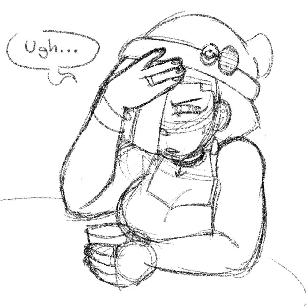 Sketch of Liv Mareluna (7Eves), leaning over a table with a hand to her forehead, her opposite hand clutching a small glass. She is dressed in a tank top and is wearing a beanie. She has a light blush and a bead of sweat on her temple, and she appears to be drunk, experiencing a slight headache. Her speech bubble reads: "Ugh..."