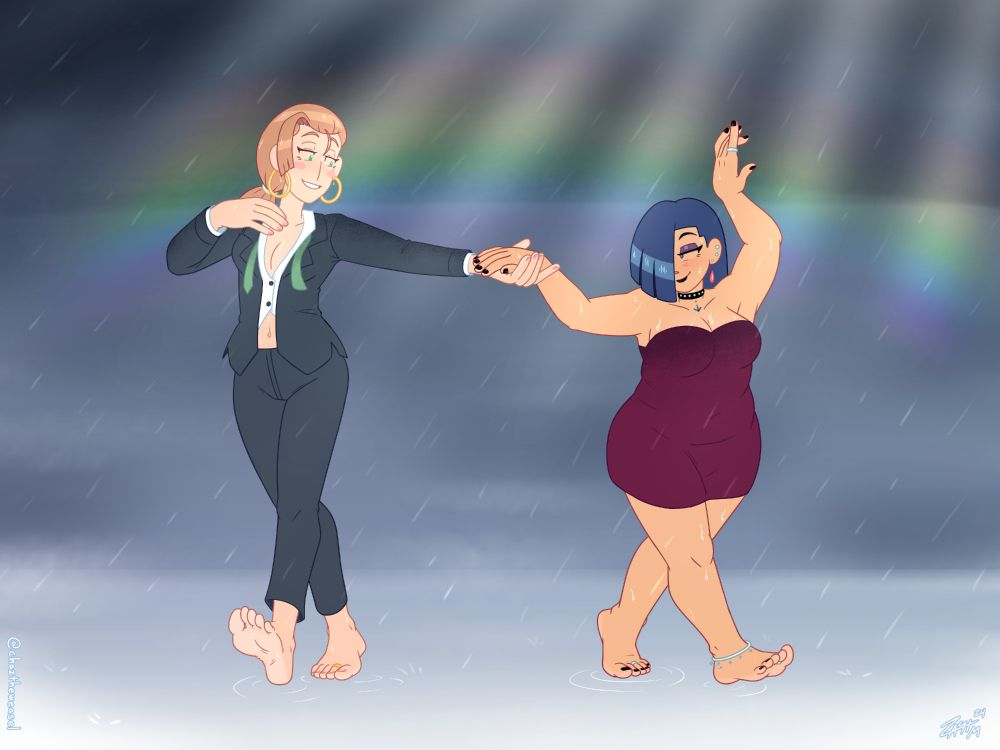 Digital art of two women sharing a dance together in the rain under dark clouds as rays of sunshine beam down on them, revealing a rainbow that arcs through the air behind them. Both girls appear to be standing on water, not breaking the surface tension as they dance upon it in their bare feet. Characters are Hazel Woods (left) and Liv Mareluna (right) from my webcomic, 7Eves. Hazel is wearing an opened suit with a loose tie, revealing some of her chest and stomach, with her hair tied back in a ponytail; she is smiling charmingly at Liv and extending her left art towards her, a light blush on her face. Liv is wearing a wine red party dress, smiling knowingly as she accepts Hazel's hand into her own, raising her left arm above her head as they begin to dance.