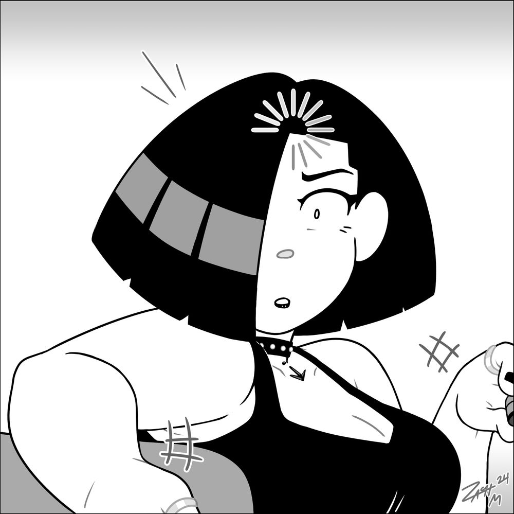Liv goes wide-eyed and purses her lips as she's struck with a sudden realization, her hands falling limp as she does so. A buffering icon hovers humorously over her forehead as she processes this revelation.