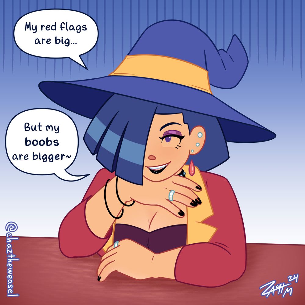 Digital art illustration of a young goth-styled woman wearing a witch's hat leaning over a table and looking seductively at an unseen someone across from her, resting on her right hand and flashing a smug smile. She has short dark blue hair with bangs covering the entire right half of her face, and is wearing heavy eye makeup, black lipstick, black nail polish, silver rings on her fingers, and multiple ear piercings. She's wearing a purple witch's hat with a yellow sash wrapped around it, and an opened red jacket with yellow accents, under which she's wearing a dark tank top. Her cleavage is exaggerated due to her leaning over the table. There is an uncomfortably ominous atmosphere all around her. Character is Liv Mareluna, from my webcomic, 7Eves. Her speech bubbles read:
My red flags are big...
But my boobs are bigger~