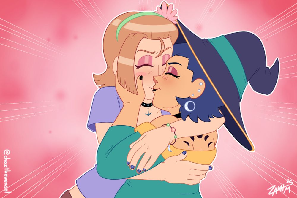 Illustration depicting two young women sharing an embrace and a kiss. Characters are Hazel Woods (left) and Liv Mareluna (right) from my webcomic, 7Eves. Hazel has short strawberry blonde hair, worn shorter than usual, with a pink flower in her green hair band. She has a studded choker around her neck, as well as a short sleeved purple shirt. She wears pink eye shadow, and her nails are painted dark blue. Liv has short blue hair, which is feathered in the back. She wears a dark black witch's hat with a teal ribbon and a gold rim. Her jacket is worn off the shoulders, sporting the same teal and gold color combo. A moon phases tattoo is visible on her back. Both girls blush and smile happily as they share a kiss in front of a vibrant pink background.
