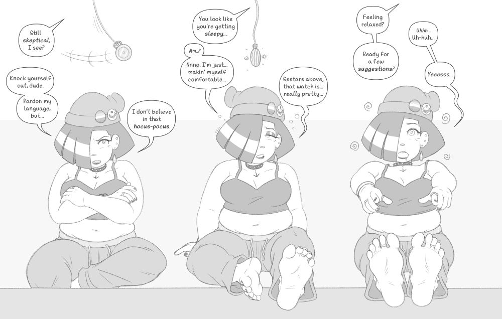 Digital sketch illustration featuring a young woman being hypnotized in three phases. Character is Liv Mareluna from my webcomic, 7Eves. Liv is a short, squat, and pudgy young woman with a goth aesthetic, with dark chin-length hair, her bangs fully obscuring the right half of her face. She has heavy eye makeup, black lipstick and nail polish, multiple ear piercings, a studded choker on her neck, and rings on her fingers and toes. She wears a knit cap decorated with buttons, a dark midriff-revealing spaghetti strap tank top,
and cozy pajama pants.

Phase 1
A pocket watch swings at the top of the image. Liv looks very closed off and unamused, crossing her arms and keeping her feet out of view, with her left foot crossed and her foot shoved under her thigh. She frowns up at the watch, watching as it swings. An off-screen voice (Terry) speaks out to her.

Terry: Still skeptical, I see?
Liv: Knock yourself out, dude. Pardon my language, but... I don't believe in that hocus-pocus.

Phase 2
Liv's posture has completely loosened, looking far more relaxed. She slouches, her arms to her sides, and her legs have lifted up from her seat and off the floor, in the process of stretching them out as she places her bare feet on the table. Her expression makes her look quite lethargic, her spiral eyes looking up at the pocket watch in front of her as it spins.

Terry: You look like you're getting sleepy...
Liv: *slurring sleepily* Mm..? Nnno, I'm just... makin' myself comfortable... Ssstars above, that watch is... really pretty...

Phase 3
Liv is now fully hypnotized, her arms out in front of her and her legs outstretched, fully showcasing her soles. Her eyes are wide and fully overtaken by spirals. Her mouth is agape, a bit of drool trickling across her lower lip. Spirals dance around her.

Terry: Feeling relaxed?
Liv: *slurred* Uhhh... Uh-huh...
Terry: Ready for a few suggestions?
Liv: Yeeesss...