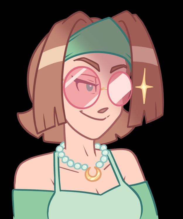 Bust illustration of a mature woman smiling and looking somewhat sinister, her face partially in shadow as light glistens off of her glasses. Character is Renata Woods, from my webcomic, 7Eves. She has pale skin and green eyes, and chin-length light brown hair that's feathered in the back, with large bangs on either side of her head. A green bandana supports her bangs, worn around her forehead. She wears large round glasses with rose-tinted lenses, and a glass bead necklace with a golden crescent moon pendant. She has a green top supported by thin straps that go over her shoulders, keeping them exposed.