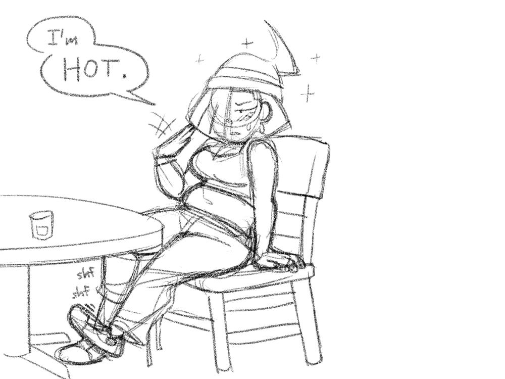 Follow-up sketch of the same scene, in which Liv has now backed away from the table, leaning back and fanning herself. She's shuffling her feet under the table, slipping off her sneakers. Her hat is undergoing a transformation, surrounded by sparkles. Her speech bubble reads: "I'm HOT."