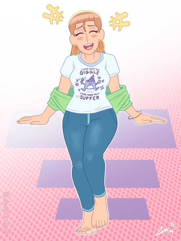 Digital illustration of a young woman "seated" in front of a white-to-pink gradient background filled with pink circles, seemingly supported by purple rectangular shapes floating just behind her. Character is Hazel Woods from my webcomic, 7Eves. Hazel is tall and slim, with shoulder-length strawberry blonde hair held back with a light green hair band, and wears gold hoop earrings. She has rosy cheeks, a slim nose, and a bright smile. She has pink nail polish, a simple beaded bracelet on her left wrist, and a gold toe ring on her right foot. She's wearing a white t-shirt with a simple and cute drawing of a frog wearing a wizard's hat and wielding a star wand, surrounded by stars and the words "I HOPE THAT YOU GIGGLE MORE THAN YOU SUFFER". She also wears a green top, which has been unbuttoned and pulled down to be worn only on her arms, skinny blue jeans and bare feet. Hazel appears to be supporting herself with her hands to her sides, leaning forward and laughing joyously, lifting her left leg slightly and shuffling her bare feet against one another.
