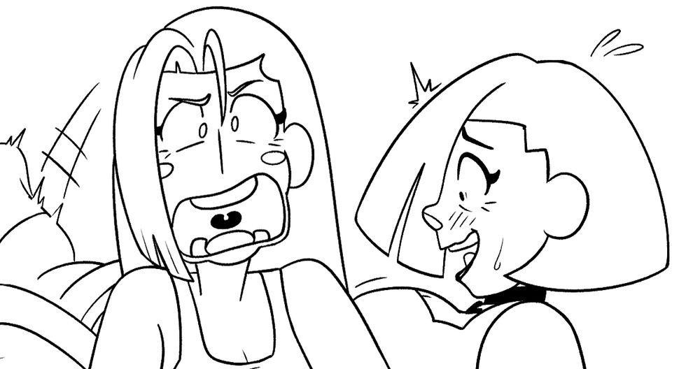 Cropped black-and-white illustration of two young women with wildly varying facial expressions. Characters are Hazel Woods (left) and Liv Mareluna (right) from my webcomic, 7Eves. Both girls are wearing tank tops and are cropped at the shoulder, removing context for what's happening. Hazel has shoulder-length hair with a large bang on the right side of her face, with rosy cheeks and a slim frame. Liv has chin-length hair with large bangs that cover much of her face, with heavy eye makeup and black lipstick. Hazel appears to be lying over top of Liv, her body draped over Liv's tummy. Her mouth is wide open to a comical degree, going cross-eyed as she does so, looking straight at the viewer. Liv is seen in profile, looking down at her stomach and making a very panicked expression, going wide-eyed with fear and smiling awkwardly, a blush on her cheeks and sweating nervously.