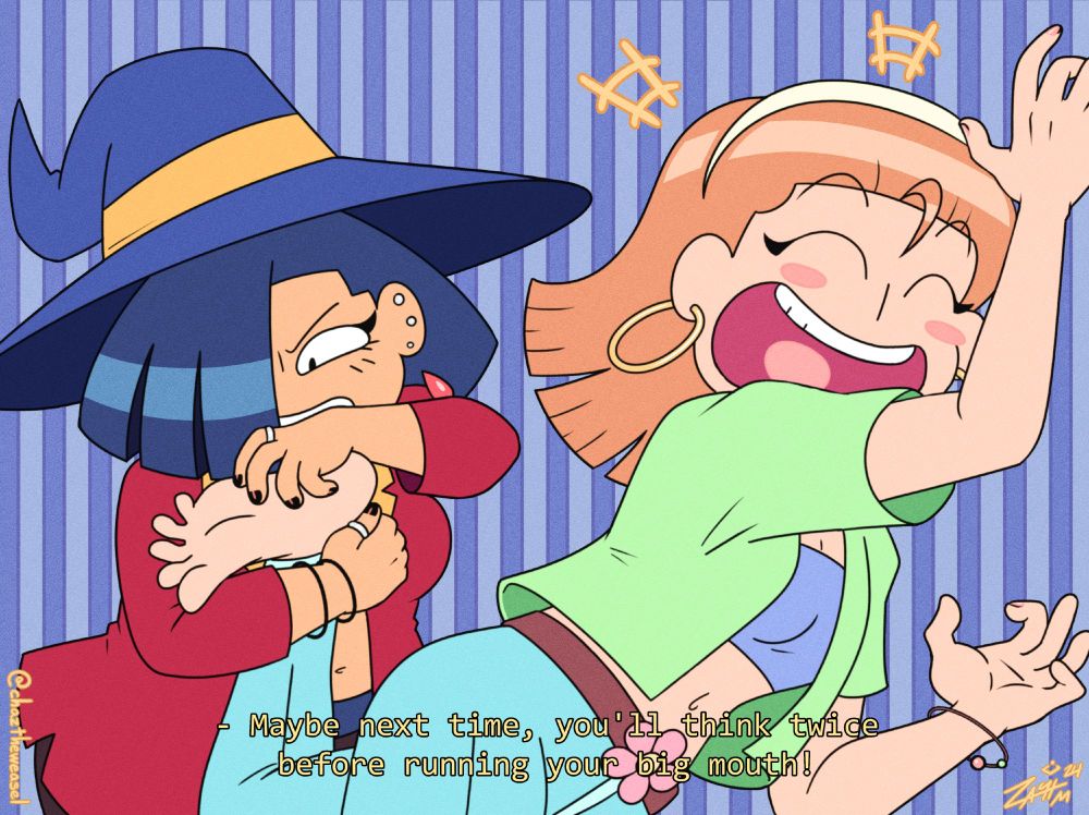 Anime-style illustration featuring a young goth-style woman in a red jacket and wearing a purple witch's hat grabbing the bare foot of another young woman with long strawberry blonde hair and gold hoop earrings, tickling her sole vigorously. Characters are Liv Mareluna (left) and Hazel Woods (right), from my webcomic, 7Eves. Liv looks angry, as Hazel laughs comically and hysterically, flailing her arms and unable to fight back. The text at the bottom, which resembles old anime subtitles, is implied to be spoken by Liv, and it reads: Maybe next time, you'll think twice before running your big mouth!