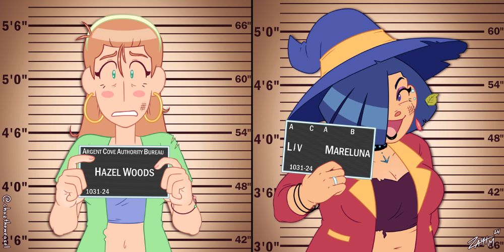 Illustration depicting two young women holding placards in front of them as they have their mugshot taken in front of a height chart. Characters are Hazel Woods (left) and Liv Mareluna (right) from my webcomic, 7Eves. Hazel has shoulder-length strawberry blonde hair held back by a light green hair band, and has gold hoop earrings, an opened short sleeve green top and a purple crop top underneath. Her hair is rather messy, her top is torn in spots, and she has a smudge on her face. She looks visibly terrified as she looks ahead with wide, watery eyes. She is 5'7" according to the height chart. Her placard reads: "Argent Cove Authority Bureau / Hazel Woods / 1031-24". Liv has a goth aesthetic, wearing a studded choker, heavy eye makeup and black lipstick. She has short chin-length blue hair with bangs covering the right half of her face, with multiple ear piercings. She is wearing a purple witch's hat with a yellow sash wrapped around it, as well as an opened red jacket with yellow accents, and a dark brown tank top underneath. Her tank top and hat are both tattered, and she has a leaf sticking out of her hair. She holding her placard up with a single hand and is striking a pose that looks very rebellious, making a smug open-mouthed smile. Her placard has been modified to have multiple letters removed from it, including deviating her full name to read closer to her chosen name. It now reads: "A C A B / Liv Mareluna / 1031-24