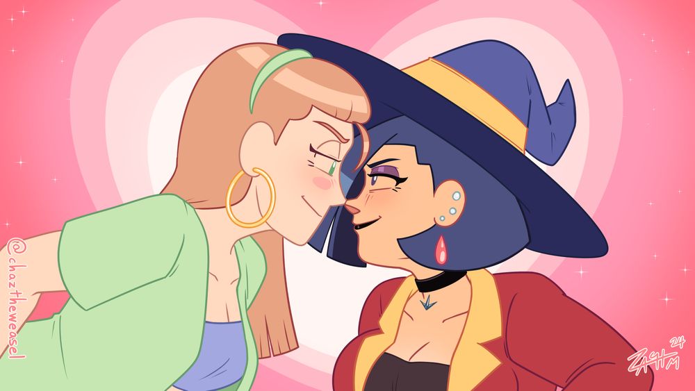 Valentine's Day-themed image of two young women touching their noses together in the center of a wide frame before a large pink heart-patterned background. Characters are Hazel Woods (left) and Liv Mareluna (right) from my webcomic project, 7Eves. Both girls look like they're being challenged and aren't the slightest bit hesitant, smirking confidently with a light blush on their cheeks.