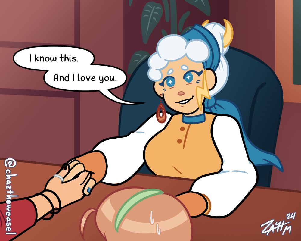 Drawing of an older woman seated in front of a table in an office chair, smiling as she takes Liv's hand into her own. Character is Sybil Mareluna, Liv's mother. At the bottom of the frame, we see the top of Hazel Woods's head, watching the scene and visibly sweating in disbelief. Sybil's speech bubble reads: I know this. And I love you.