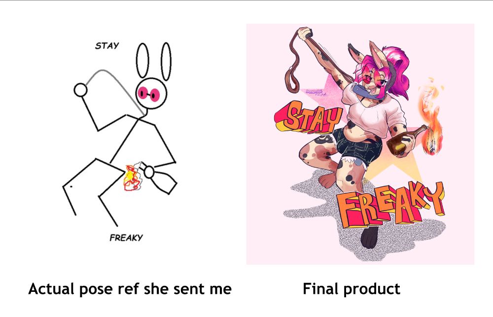 On the left is a crude stick figure mock-up of what the client wanted the pose to look like, on the right is the final result.
