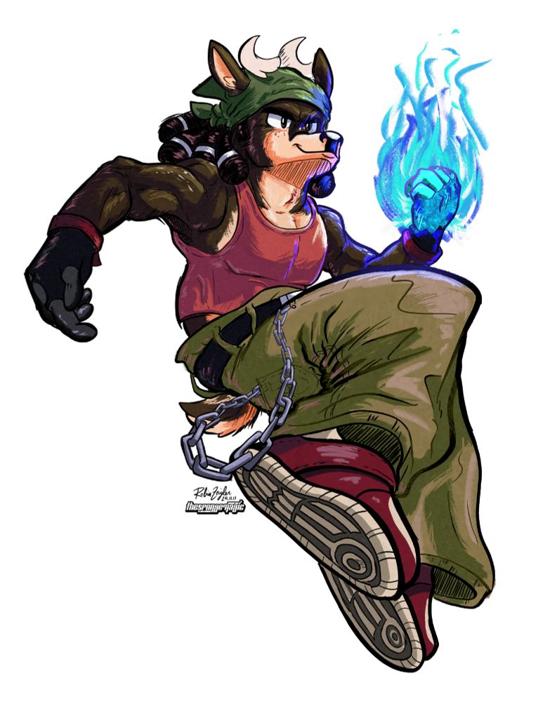 A stylized drawing of a deer, wearing a bandana, tank top, fingerless gloves, sneakers, and big baggy cargo pants. He has a chain running from his front pant pocket to his back pant pocket. He has a blue flame engulfing his left hand.