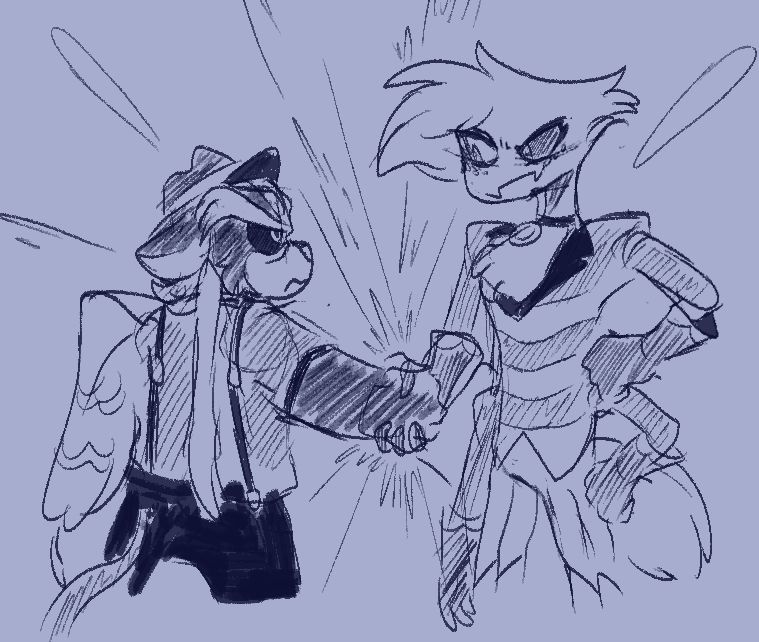 Husk and Angel Dust shaking hands in a similar manner to Ryu and Cyclops in X-Men vs. Street Fighter.