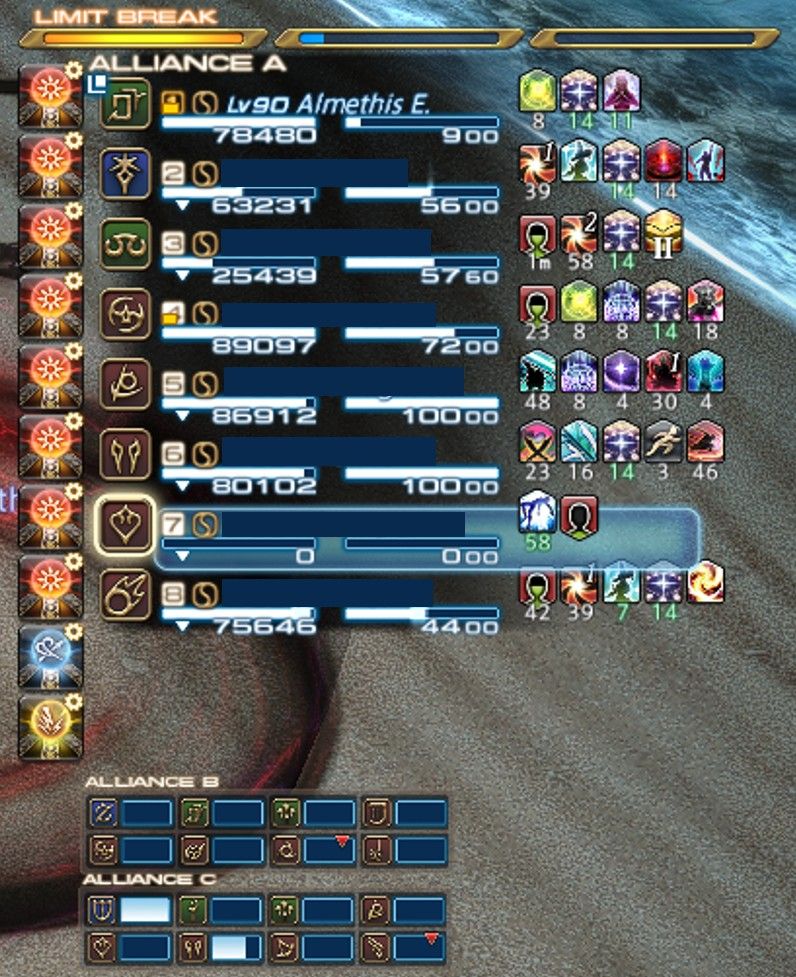 screenshot of an ffxiv alliance party list. alliance b and c have wiped and alliance a's healer is trying to keep their party alive.