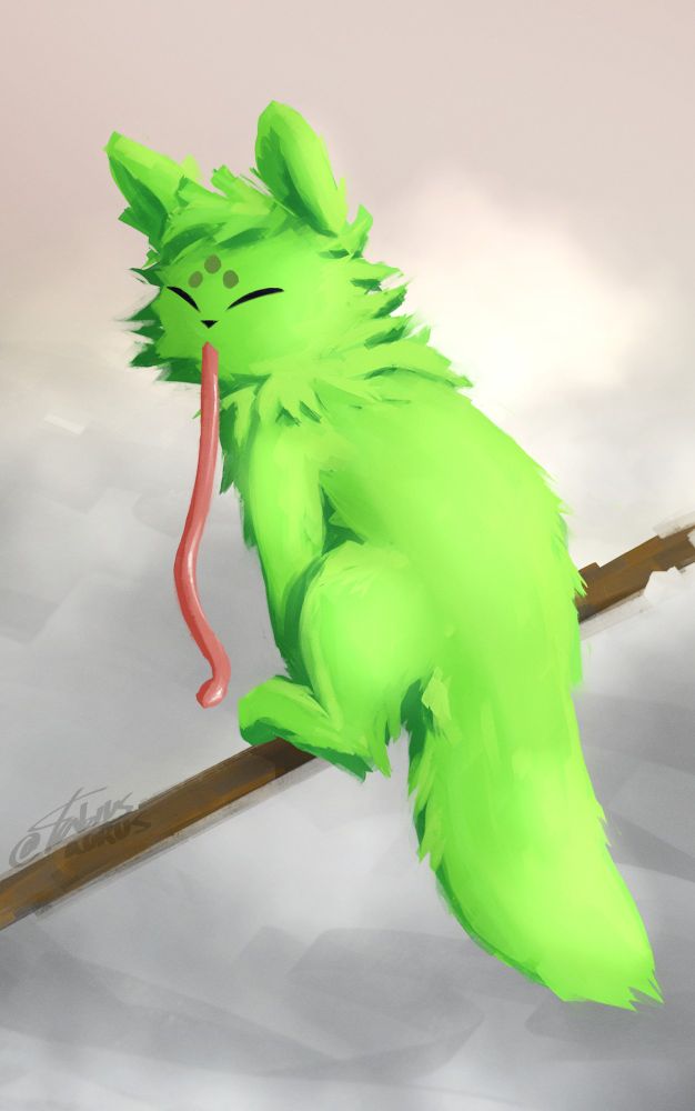 Saint from the video game Rain World sitting on a rusty pipe with his tongue out looking around way above the clouds of Five Pebbles ruined iterator