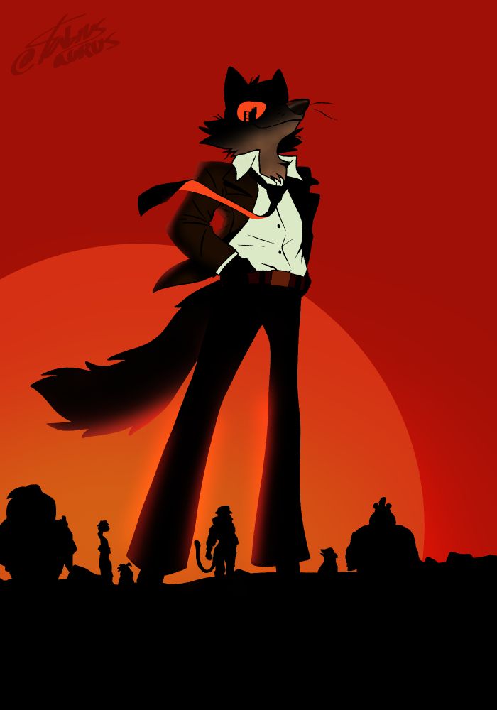 Drawing of the Bad Guys from Dreamworks. Mr Wolf standing in the middle while the rest of the gang along with the new characters on the background as siluette and a red sun far back giving a redish organge sky