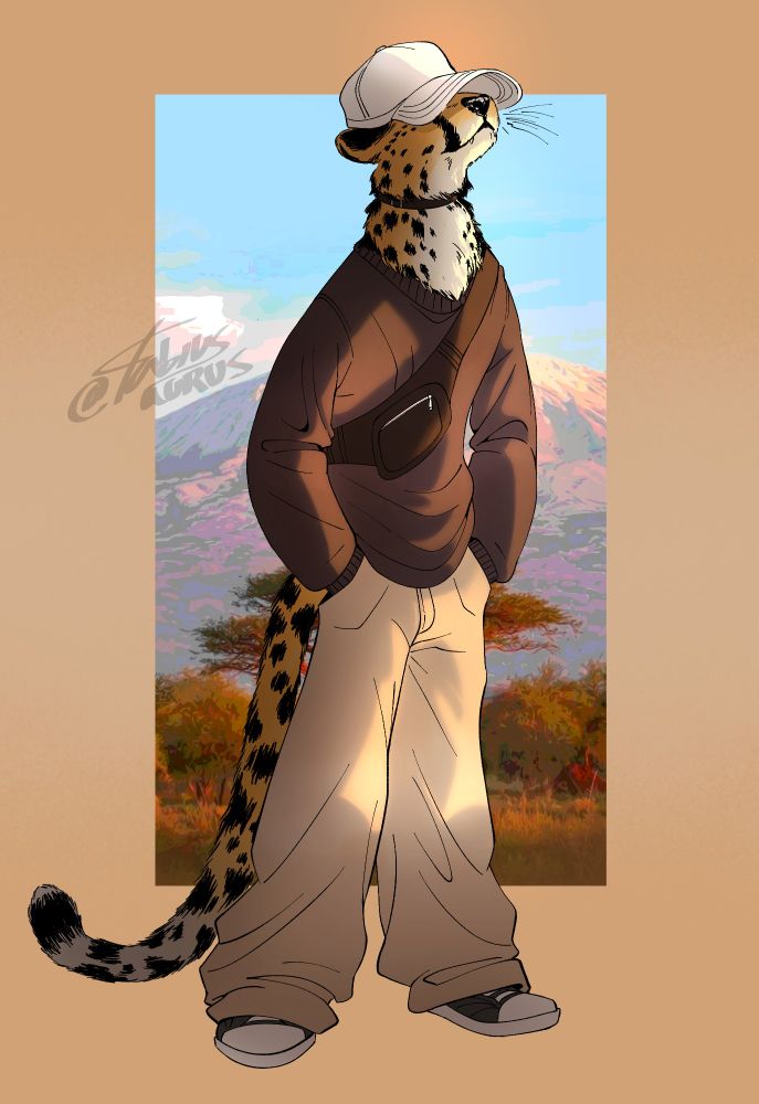 Anthropomorfic slim cheeta on the sabana weiring some dapper drip